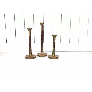 Vintage brass wood pillar spindle candlesticks candle holders set of 3